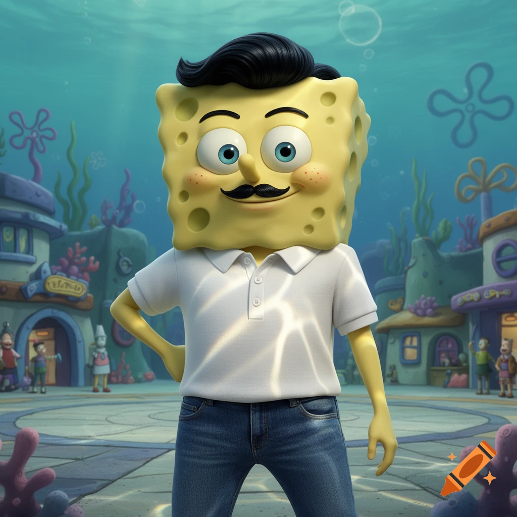 A 3D rendered Spongebob SquarePants character with a mustache and slick black hair, wearing a white polo shirt and jeans, stands in an underwater town.