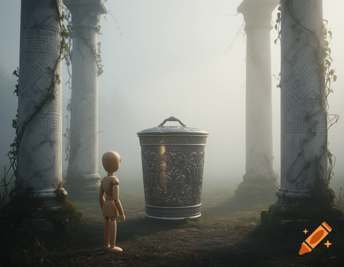 A wooden mannequin looks at a decorative, ornate trash can in a foggy, overgrown ancient ruin with several classical pillars.