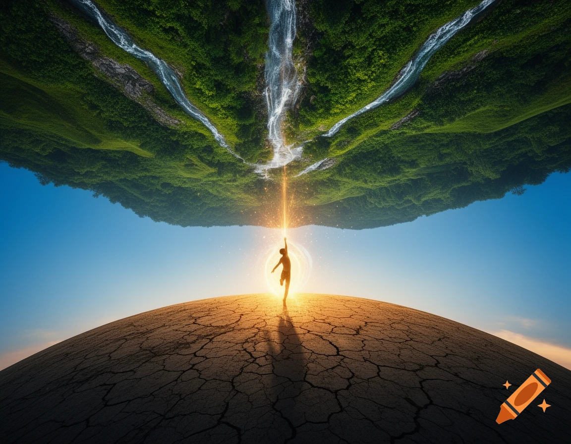 Silhouette of a person on cracked earth, reaching up to a light beam connecting to an inverted lush green landscape with waterfalls.