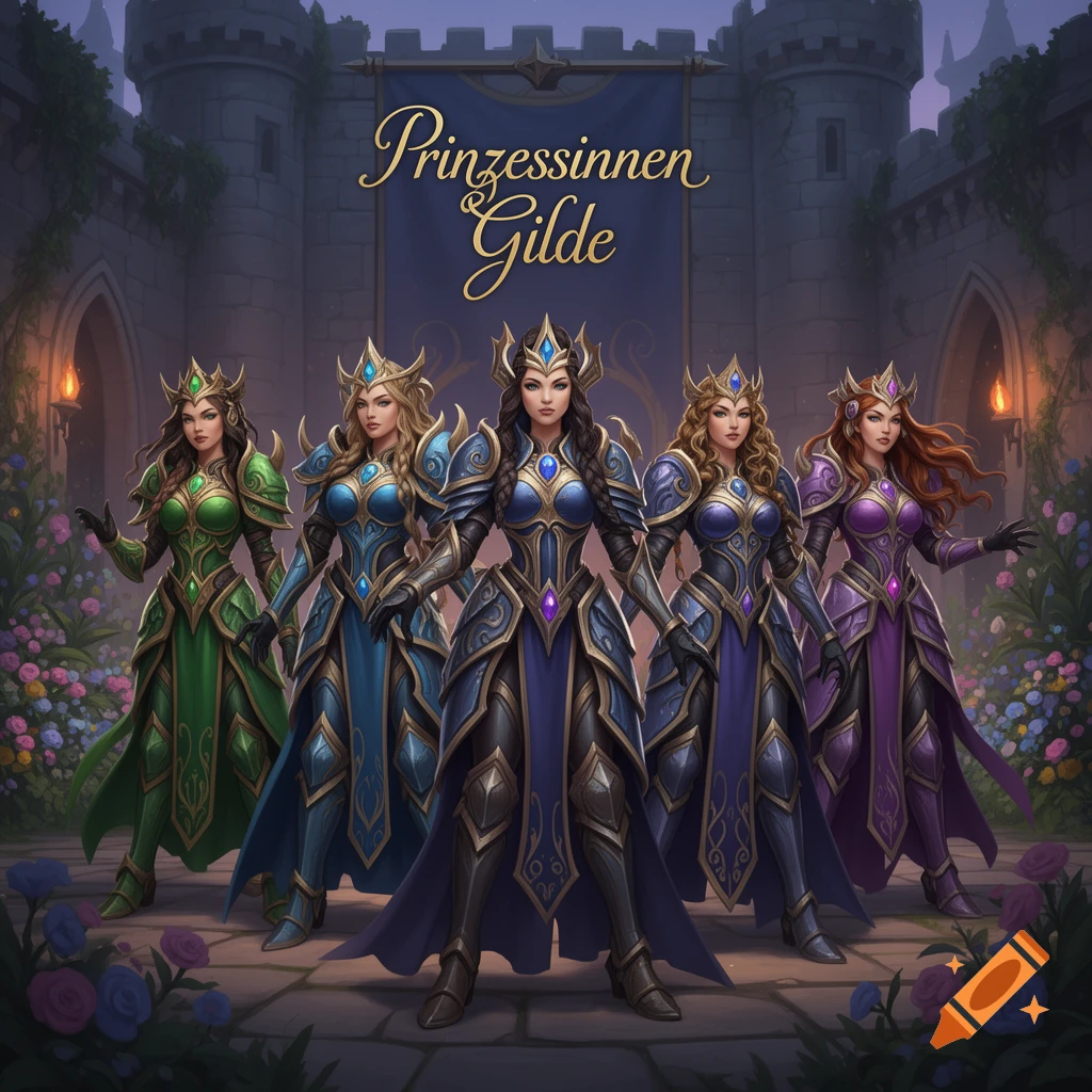 Five armored warrior princesses stand in a castle courtyard under a banner reading 'Prinzessinnen Gilde'.
