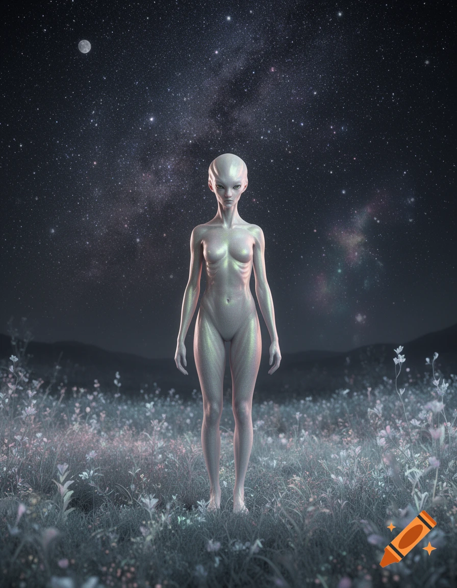 A pale, androgynous alien stands in a field of glowing plants under a starry night sky with a moon.