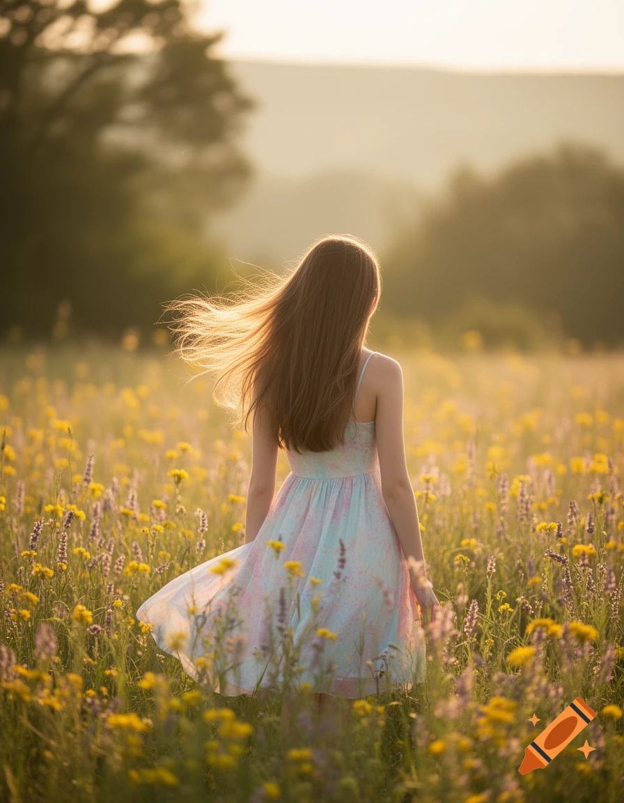 A young woman with long hair in a light dress stands in a field of ...