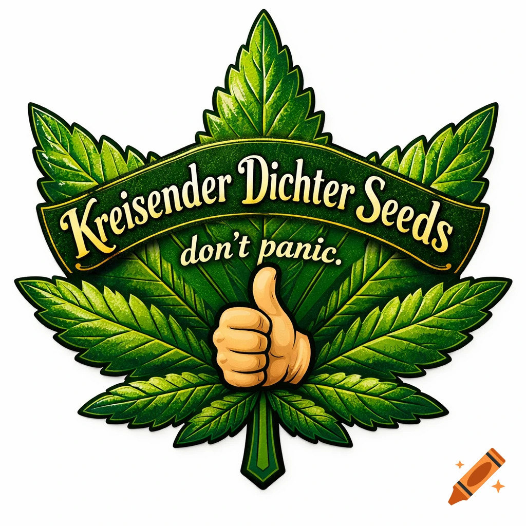 A vibrant green cannabis leaf logo with 'Kreisender Dichter Seeds' on a banner, 'don't panic.' below, and a thumbs-up.