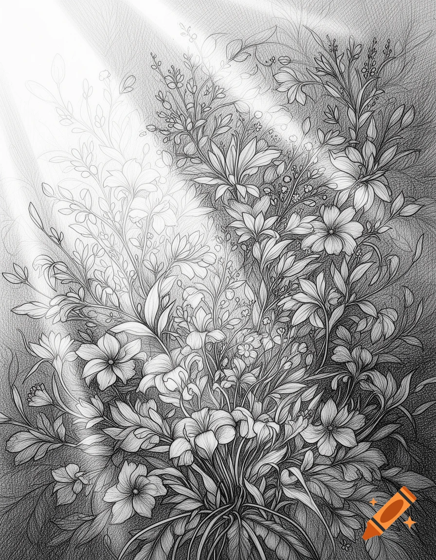 Intricate black and white pencil drawing of a dense bouquet of flowers and foliage with rays of light shining from the top left.
