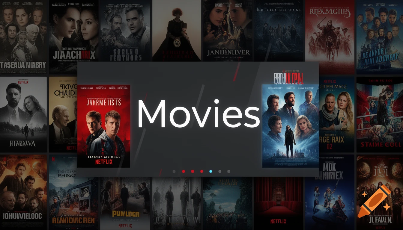 A dark grey background with the large white word "Movies" in the center, surrounded by a grid of diverse movie posters featuring various actors and styles.