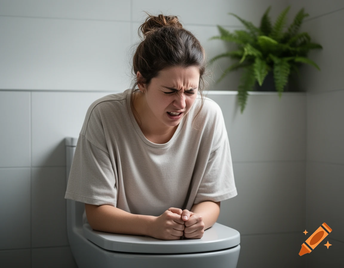 A woman with a pained expression straining on a toilet in a brightly lit bathroom, clutching her fists.