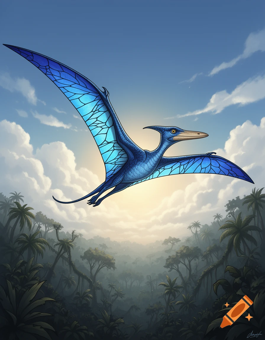 A vibrant blue pteranodon with patterned wings soars gracefully over a misty, dense jungle under a bright sky with clouds.