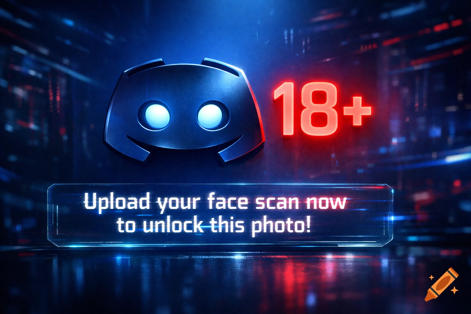 A futuristic image featuring a glowing Discord logo, a large red '18+' warning, and text prompt 'Upload your face scan now to unlock this photo!'
