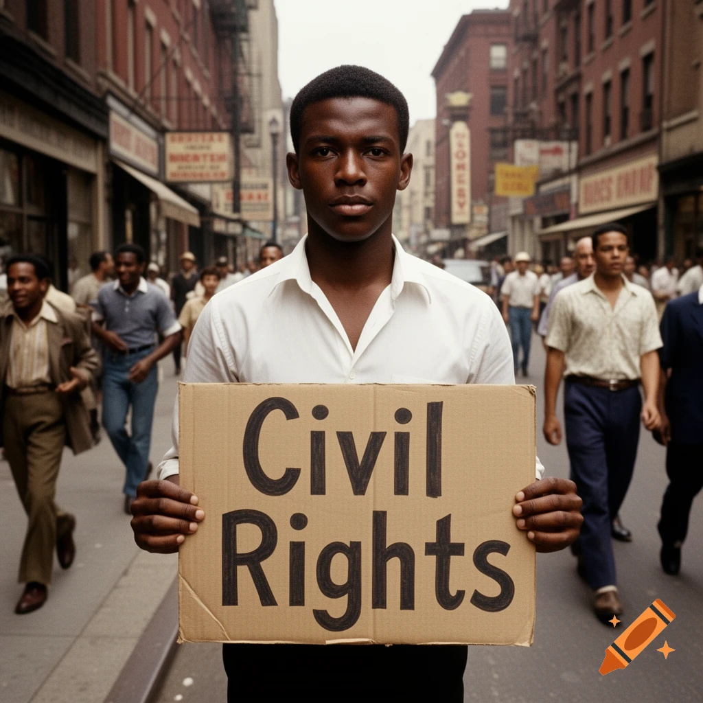 A young Black man holds a 'Civil Rights' sign in a bustling city street, photorealistic style.