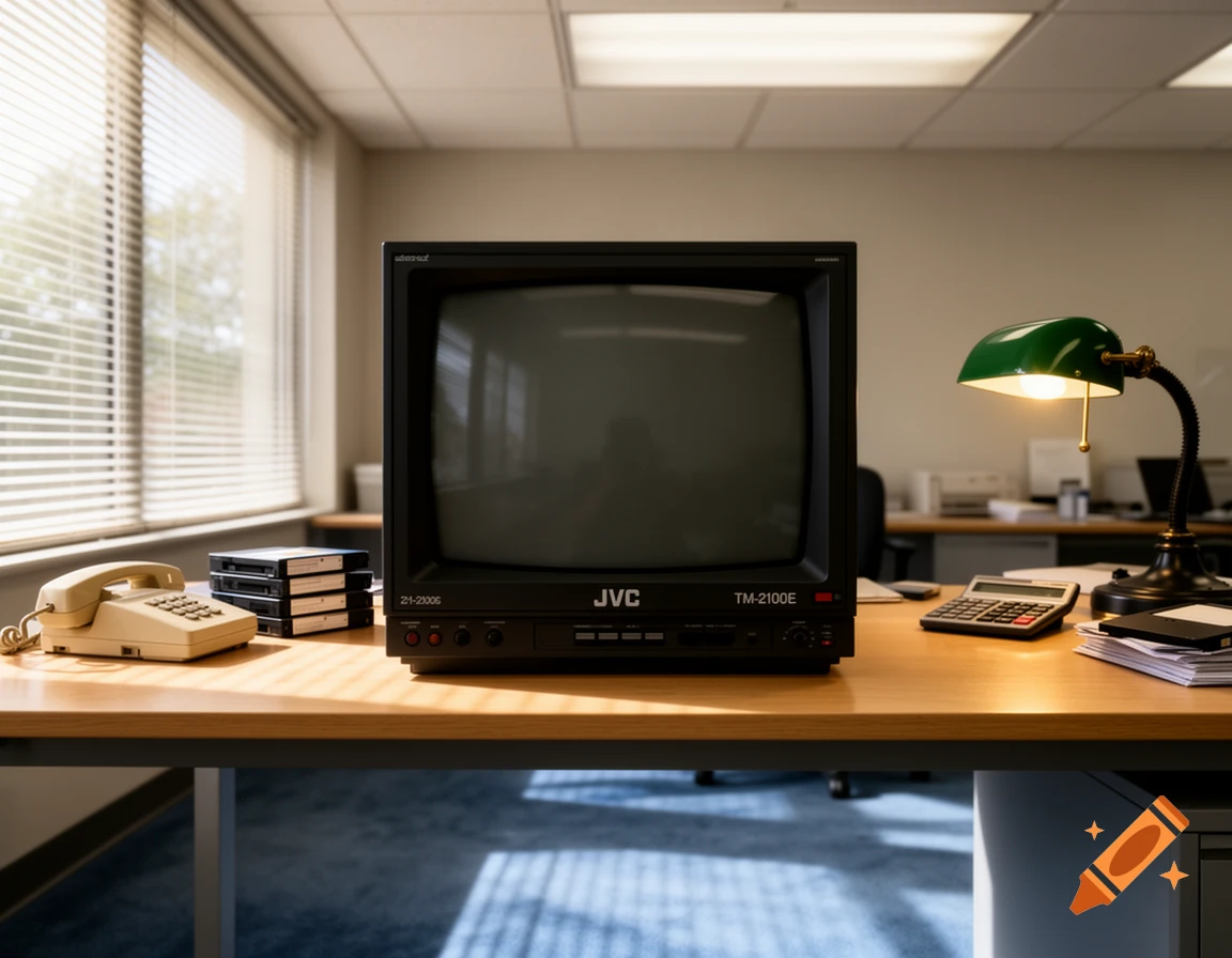 A JVC TM-2100E CRT monitor on an office desk in the 90s, with a landline phone, calculator, and desk lamp.