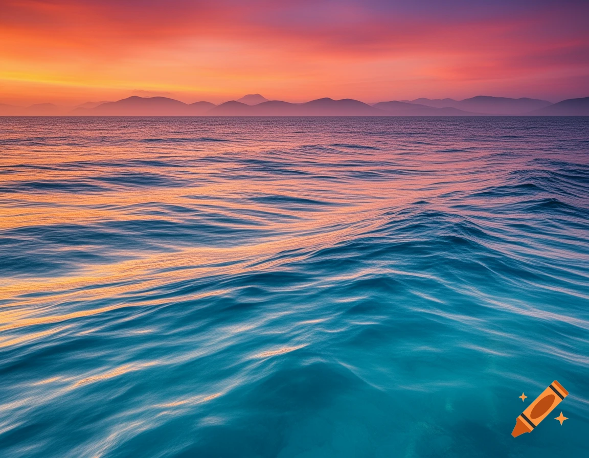 Vibrant ocean waves reflect the orange and purple hues of a sunset or ...
