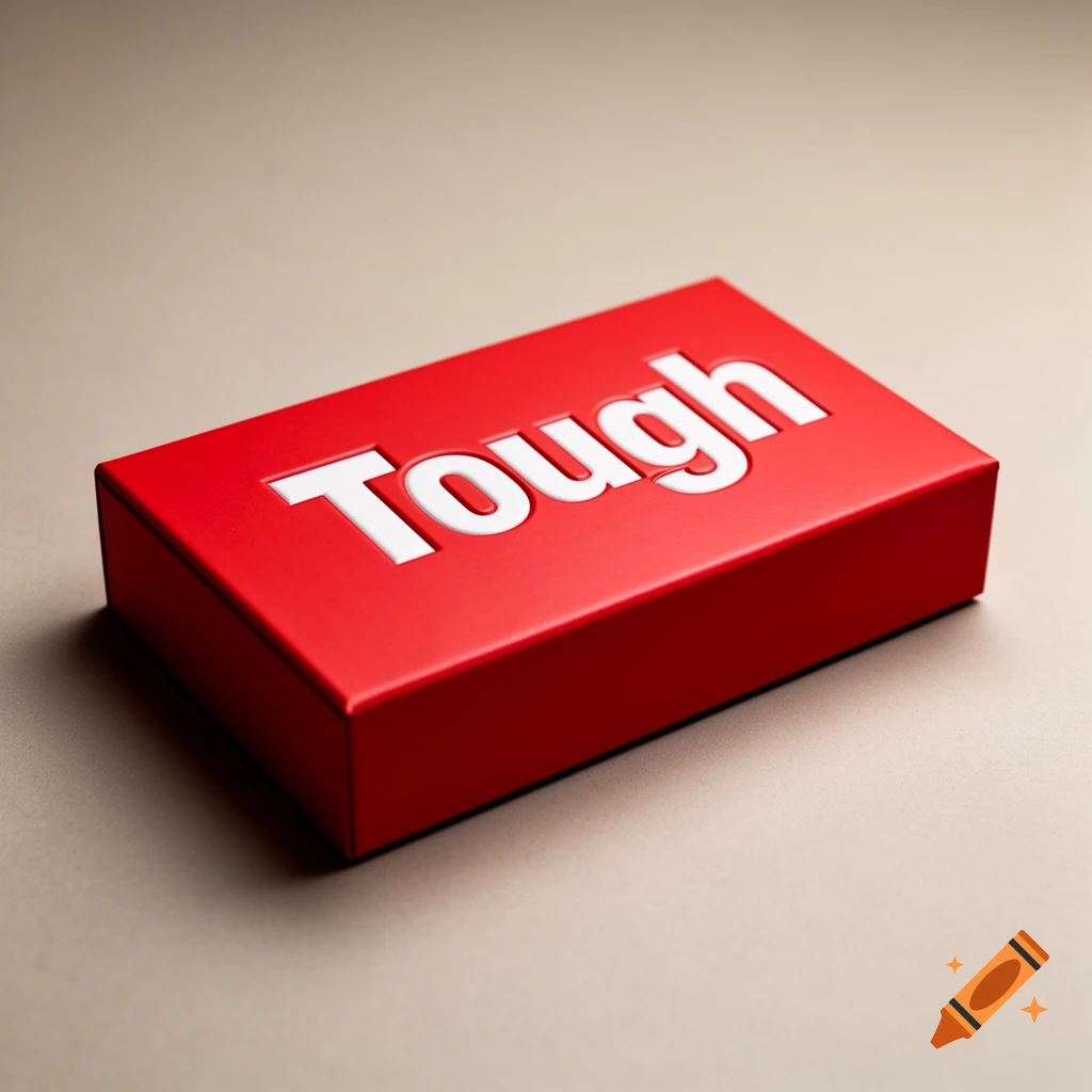 A red rectangular box with the word 'Tough' in white on its lid, on a beige surface.