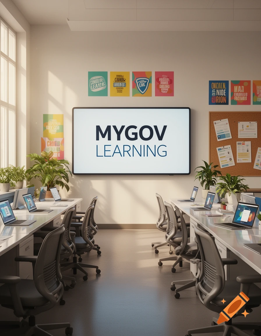 A modern, bright classroom or training room with rows of desks, chairs, and laptops. A large screen at the front displays 'MYGOV LEARNING'.