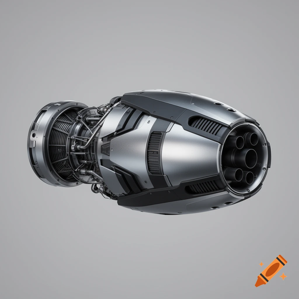 A sleek, detailed futuristic jet engine in silver and dark gray on a gray background.