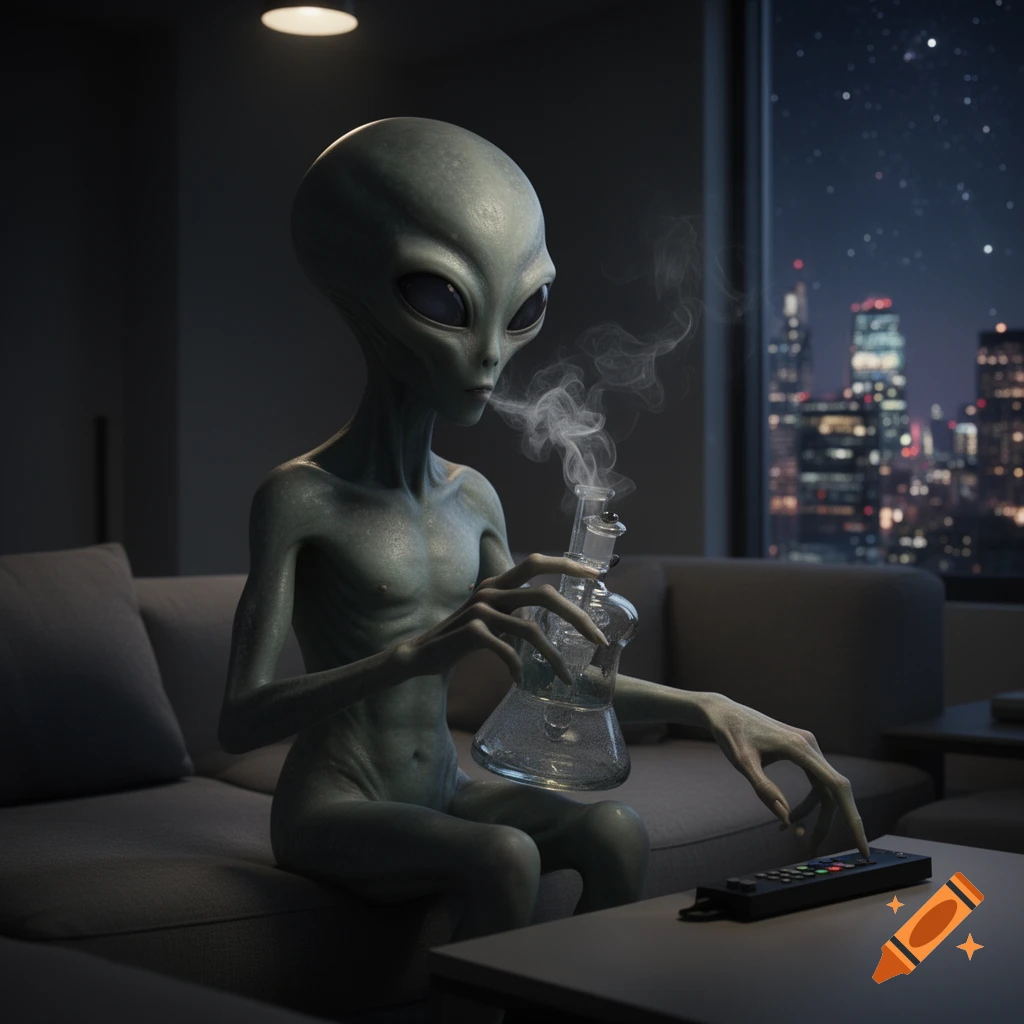 A grey alien sits on a couch, smoking a bong, with a city skyline at night visible through the window, photorealistic.