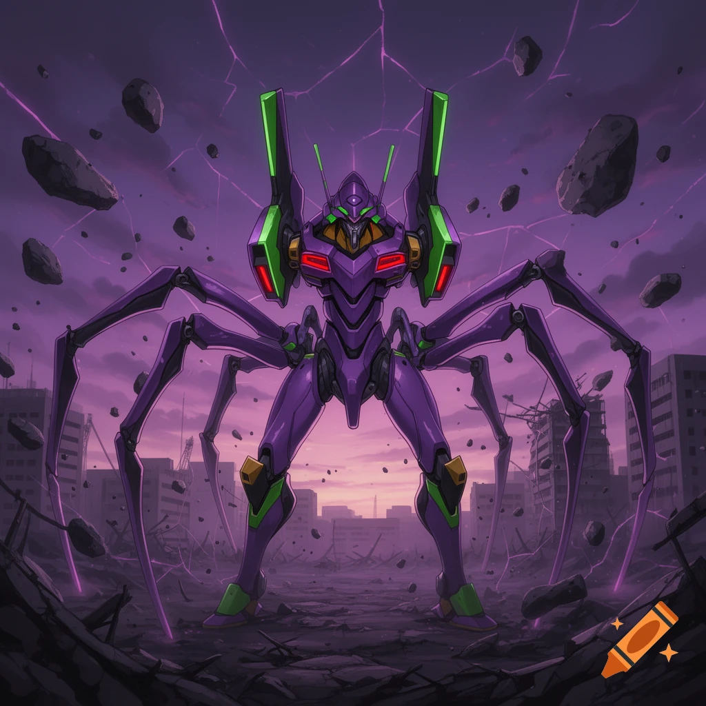 Purple Evangelion-style mecha with spider legs and arm cannons stands in a ruined city under a purple sky, anime style.