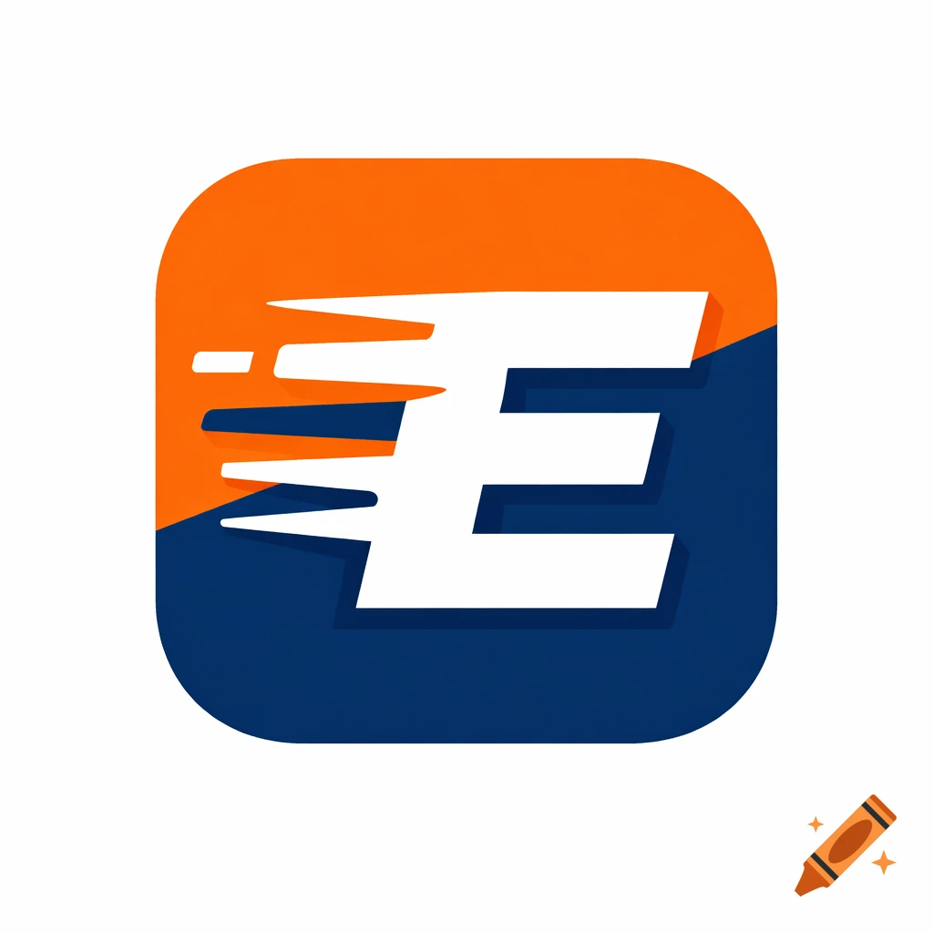 Minimalist app icon featuring a stylized white letter 'E' with speed lines on an orange and dark blue rounded square background.