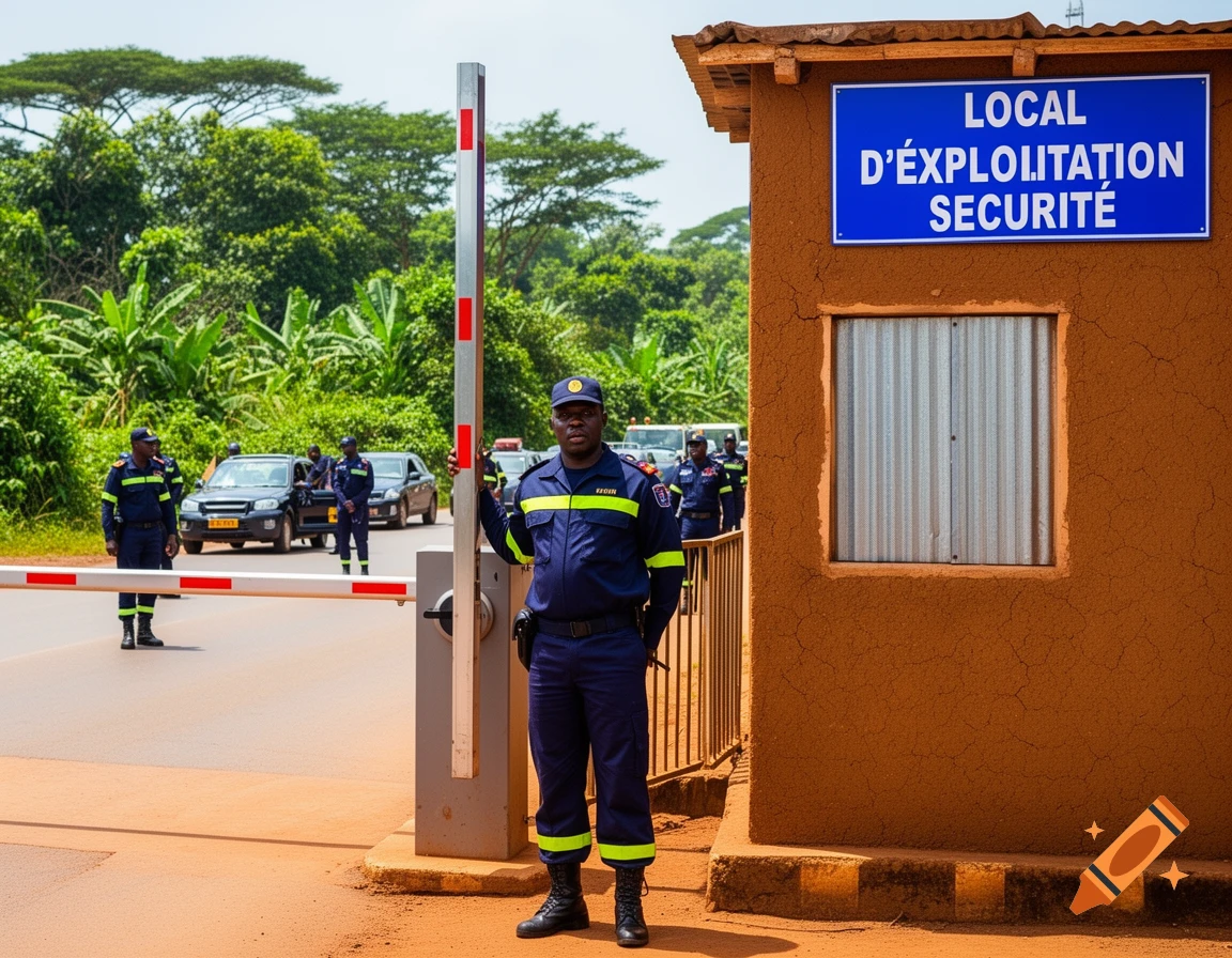 A security guard in a dark blue uniform stands at a checkpoint barrier in a tropical setting with a building and other guards.
