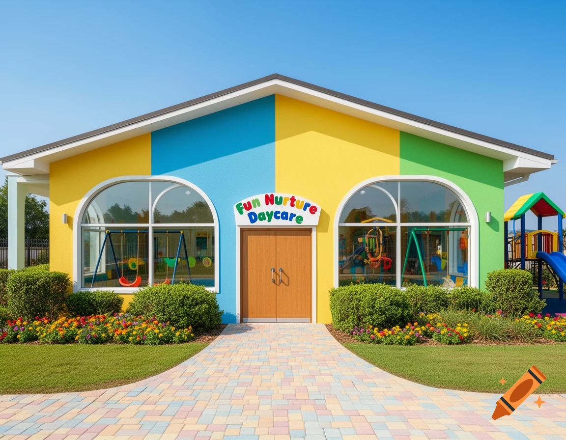 A colorful daycare building with a sign "Fun Nurture Daycare" above the entrance, and a playground visible through its windows and to the right.