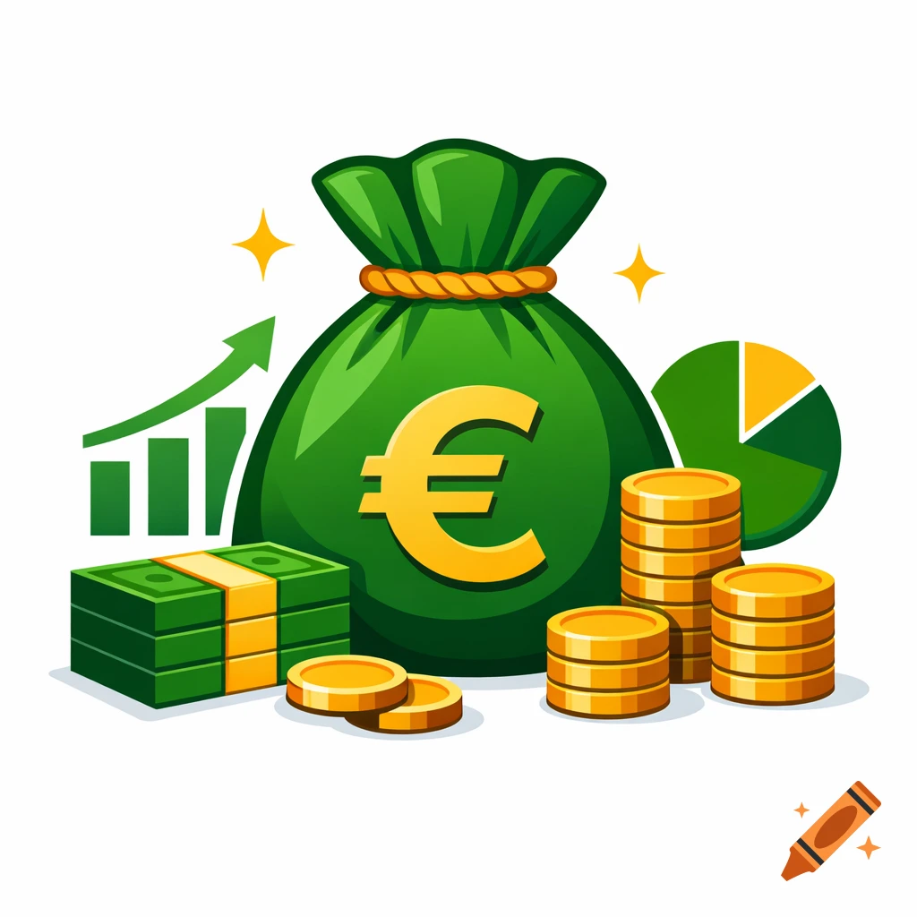 A cartoon illustration of a green money bag with a gold euro symbol, stacks of cash, gold coins, a green rising bar chart, and a pie chart on a white background.