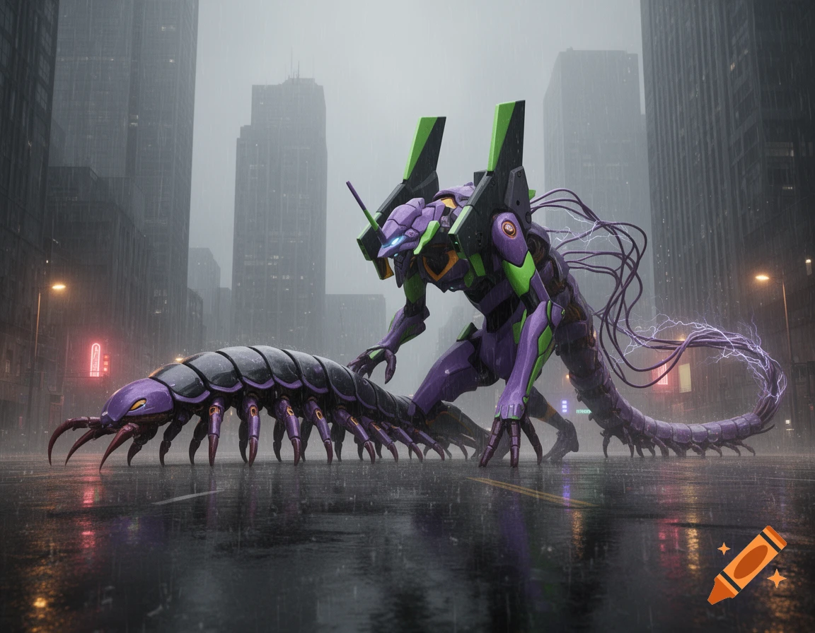 A purple and green mecha robot faces a giant purple centipede creature on a wet city street under rain with tall buildings.