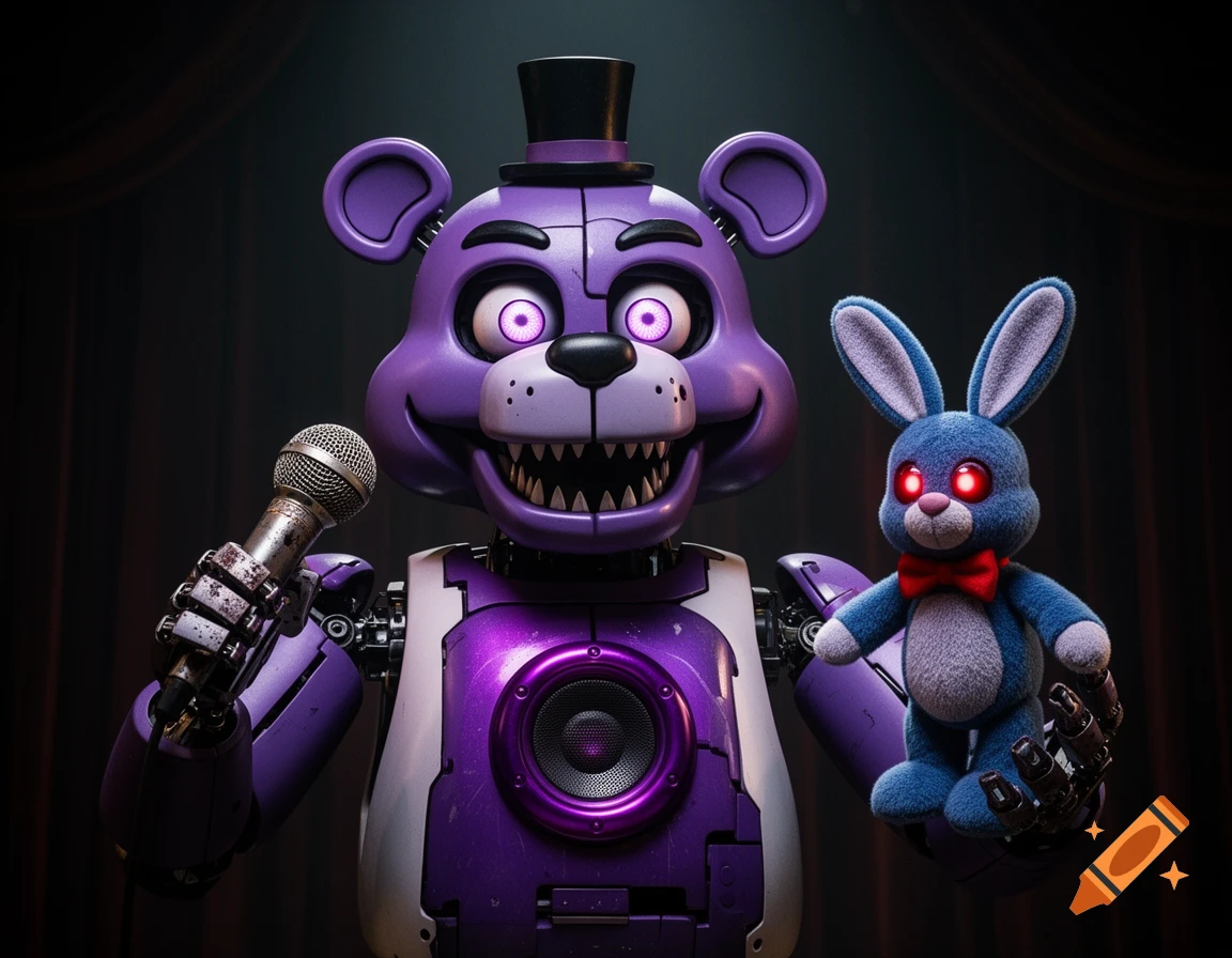 A photorealistic purple animatronic bear with a top hat, sharp teeth, and glowing eyes holds a microphone and a blue bunny puppet with red eyes.