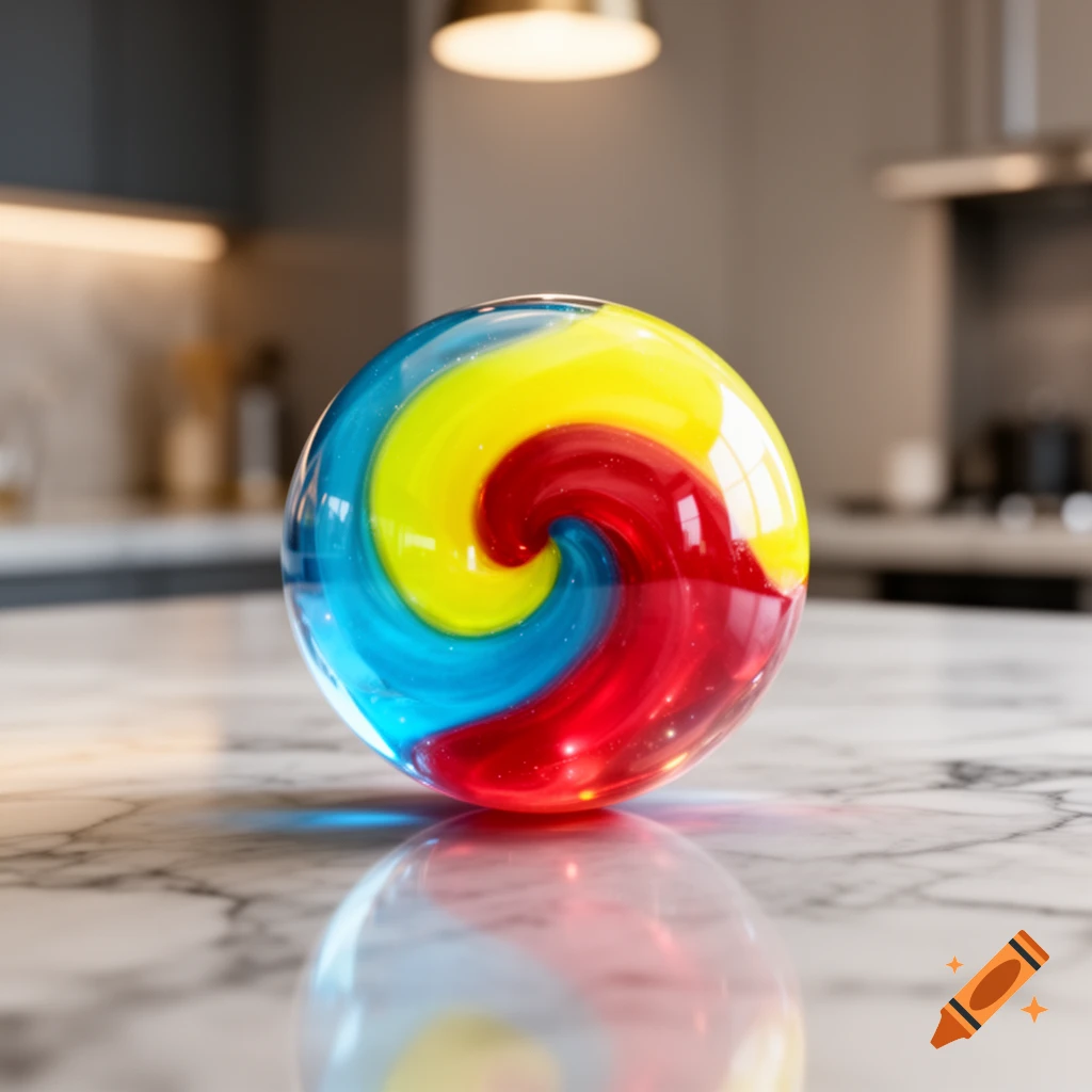 A photorealistic image of a glossy spherical candy ball with swirling red, yellow, and blue colors, resting on a marble countertop in a modern kitchen.