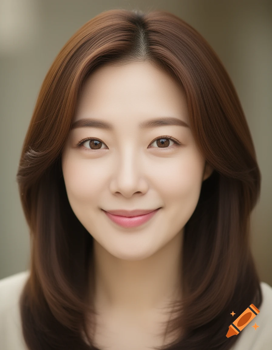 Realistic portrait of a young Korean woman with brown hair, smiling gently.