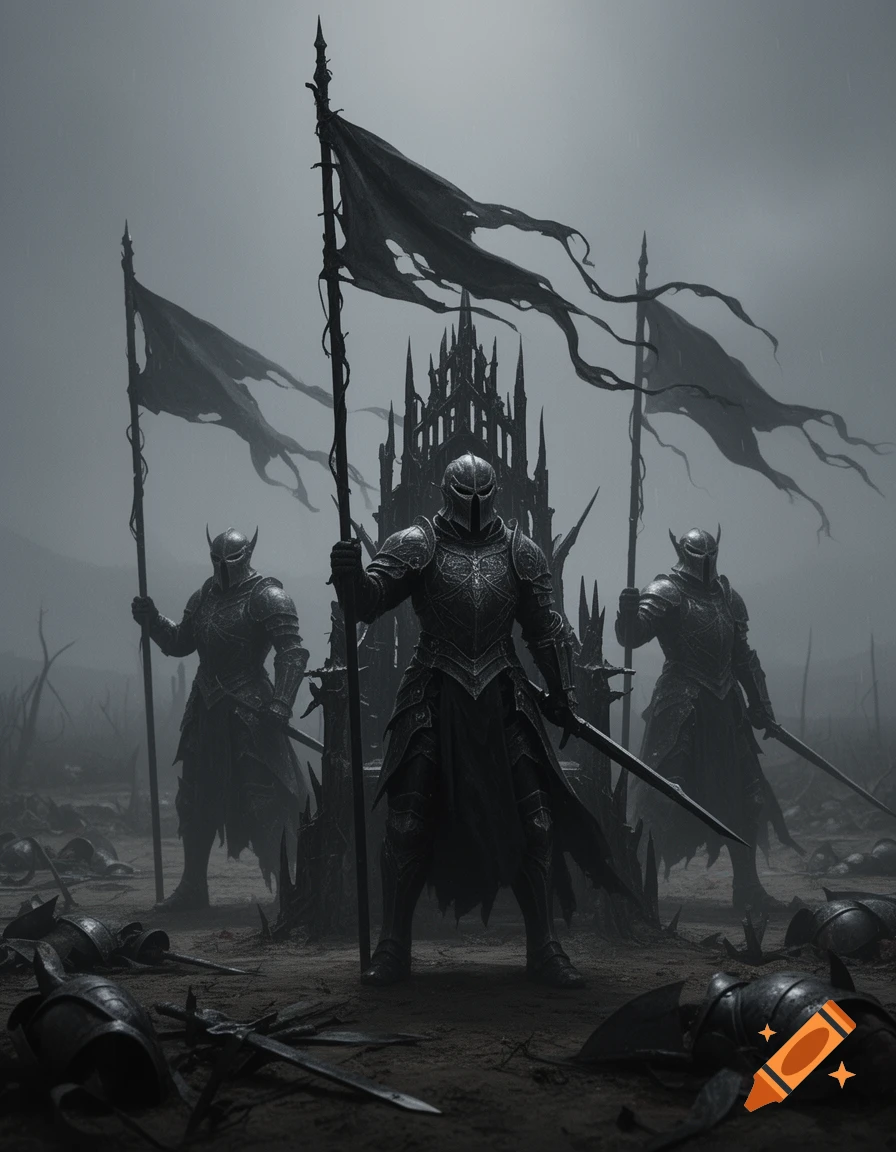 Three dark armored knights holding tattered banners stand before a ruined castle in a desolate, monochrome landscape.