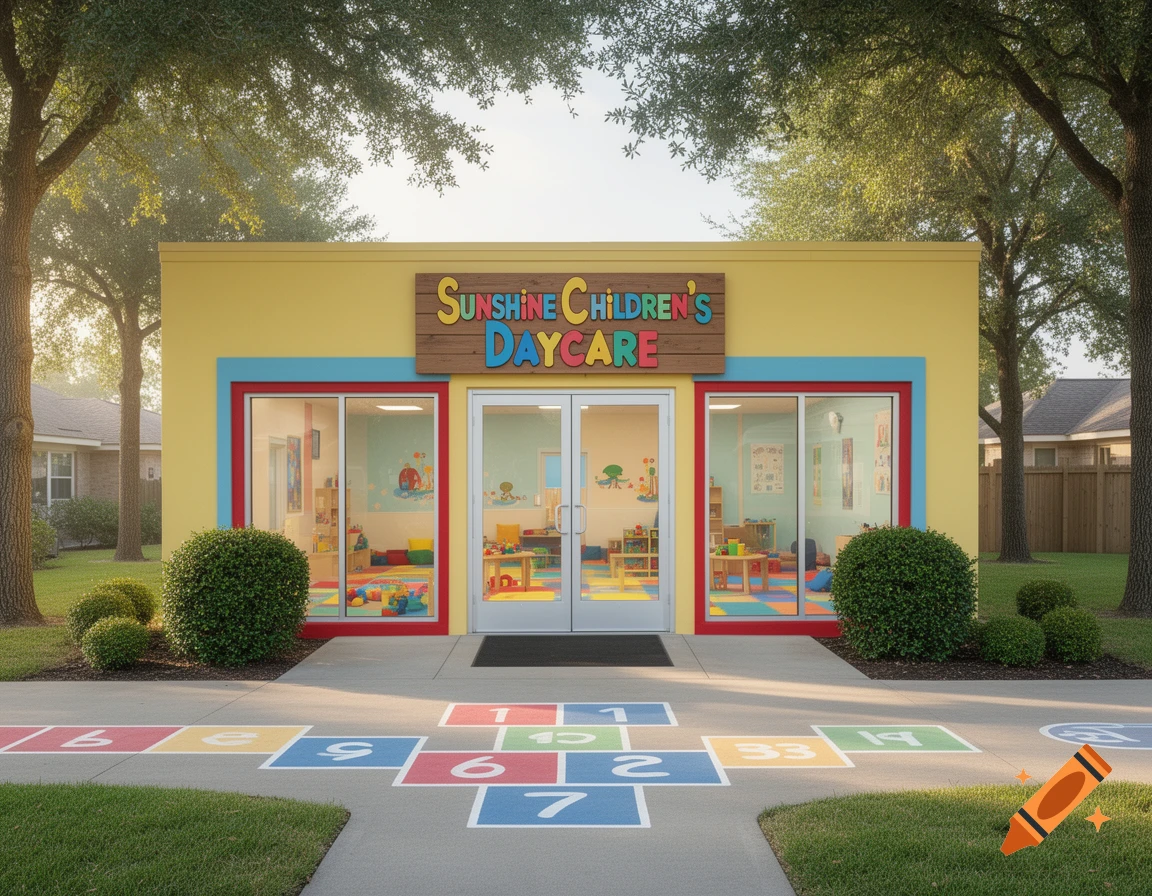 Photorealistic image of a bright yellow Sunshine Children's Daycare building with a colorful hopscotch grid on the sidewalk.