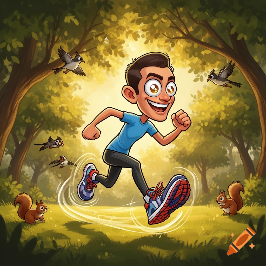 A joyful caricature of a man running through a bright, sunny forest, with cartoon birds and squirrels in a vibrant illustration style.