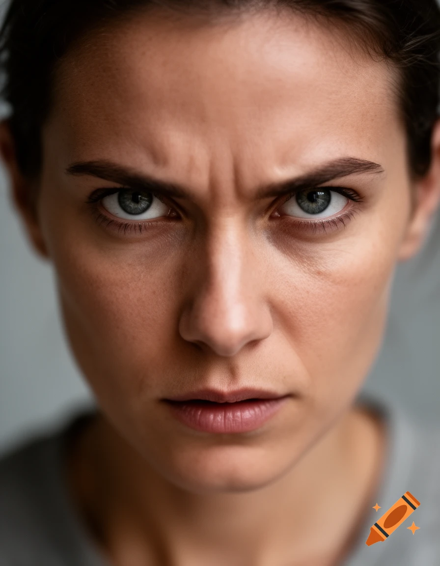 Close-up photorealistic portrait of a woman with an intense, furrowed brow staring directly at the camera.