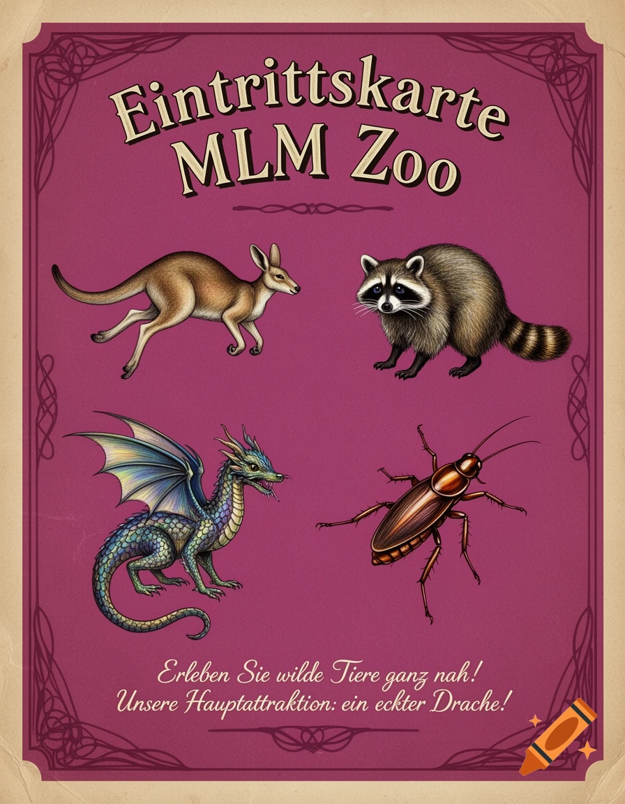 Vintage-style magenta zoo ticket featuring illustrations of a kangaroo, raccoon, dragon, and cockroach, with German text.