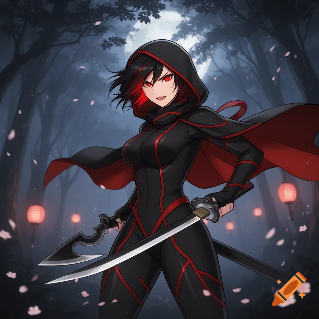 An anime-style female ninja with red eyes and a black and red hooded suit wields two swords in a dark, moonlit forest.