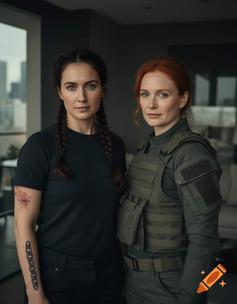 Two women, one with dark braids and a chain tattoo, the other with red hair in tactical gear, stand in a modern urban interior.