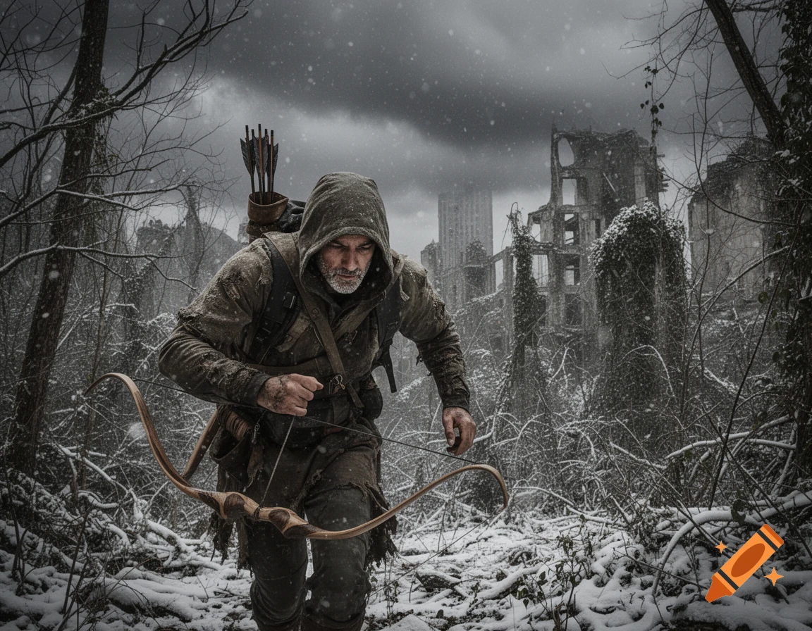 A grizzled archer with a hood and quiver sneaks through a snowy, post-apocalyptic forest with ruined buildings in the background.