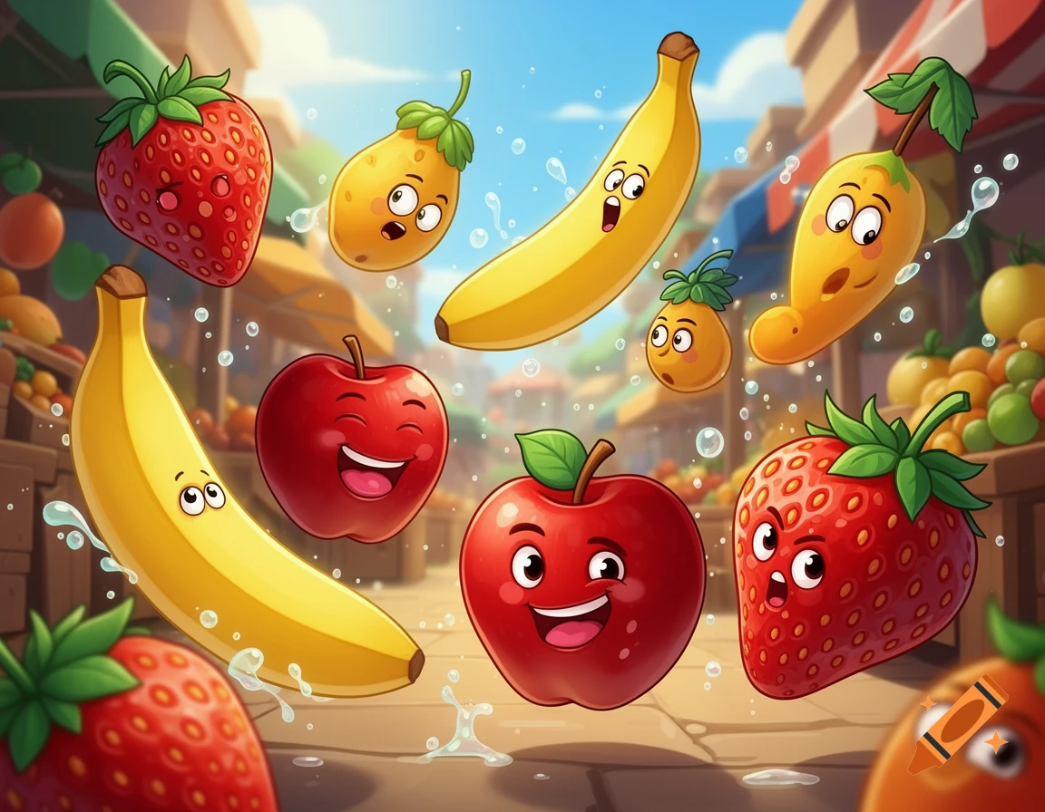 Vibrant cartoon fruits with expressive faces, including strawberries, bananas, and apples, float with water splashes in a market setting.