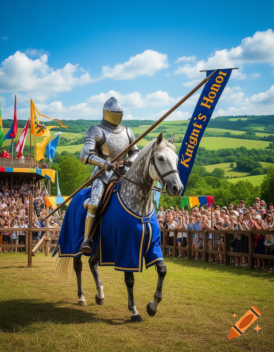 A knight in shining armor on a dappled grey horse rides in a jousting tournament, holding a banner that says 'Knight's Honor'.