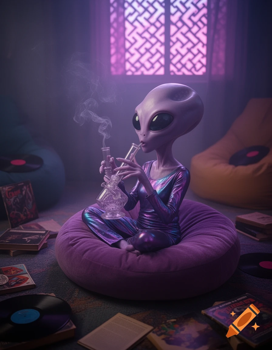 A purple-skinned alien with large dark eyes sits on a purple beanbag, smoking a clear glass bong, exhaling smoke into a dimly lit room with purple light. Records and books are scattered on the floor around.
