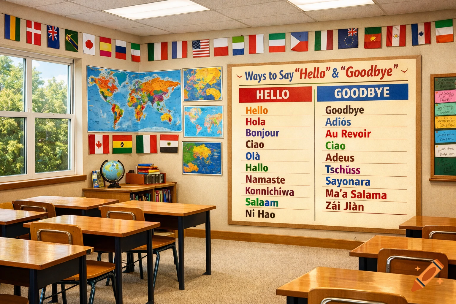 A photorealistic image of a welcoming classroom with world maps, international flags, and a whiteboard listing "Hello" and "Goodbye" in different languages.