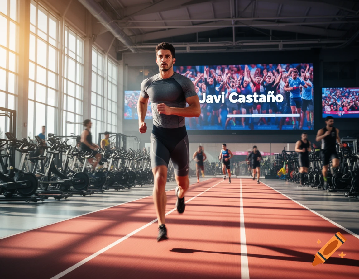 A photorealistic image of a man running on an indoor track in a gym, with 'Javi Castaño' displayed on a large screen in the background.