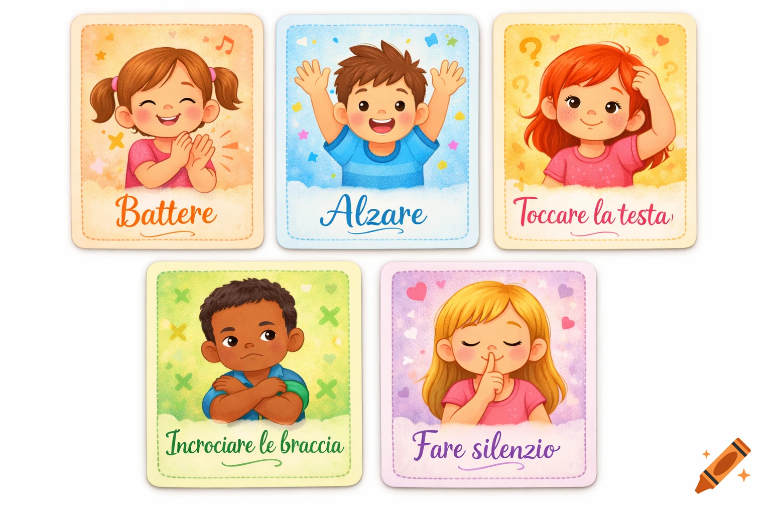 Five colorful cartoon flashcards with children demonstrating actions: clapping, raising hands, touching head, crossing arms, and shushing.