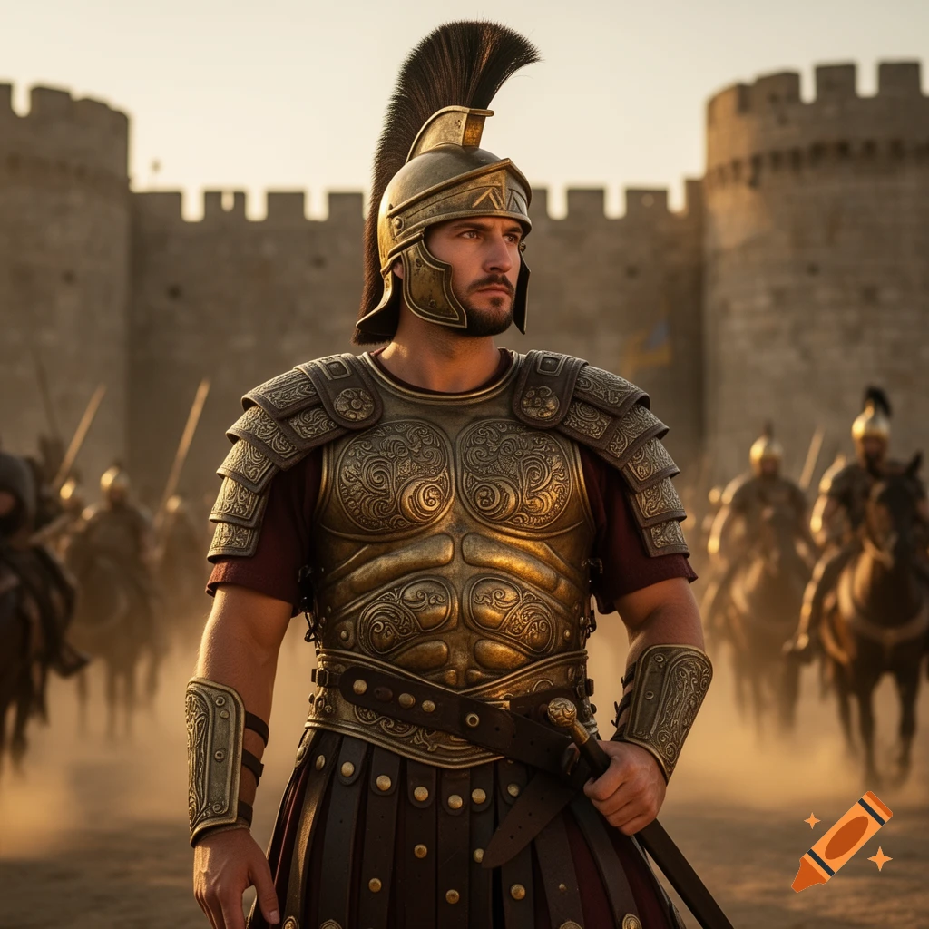 A muscular man in elaborate golden ancient Greek or Roman armor and plumed helmet stands before a stone fortress and a dusty army.