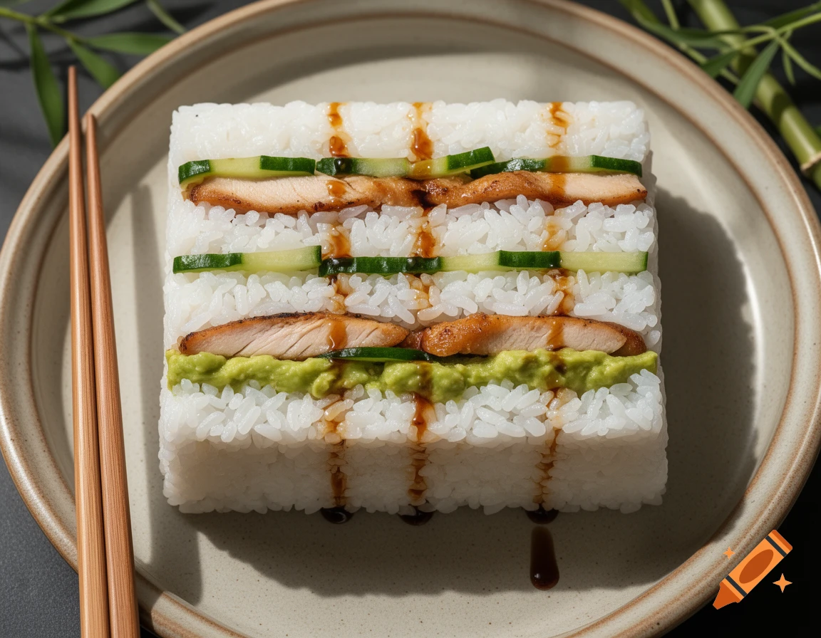 A square rice sandwich with layers of grilled chicken, cucumber, and avocado, drizzled with sauce, on a plate with chopsticks.