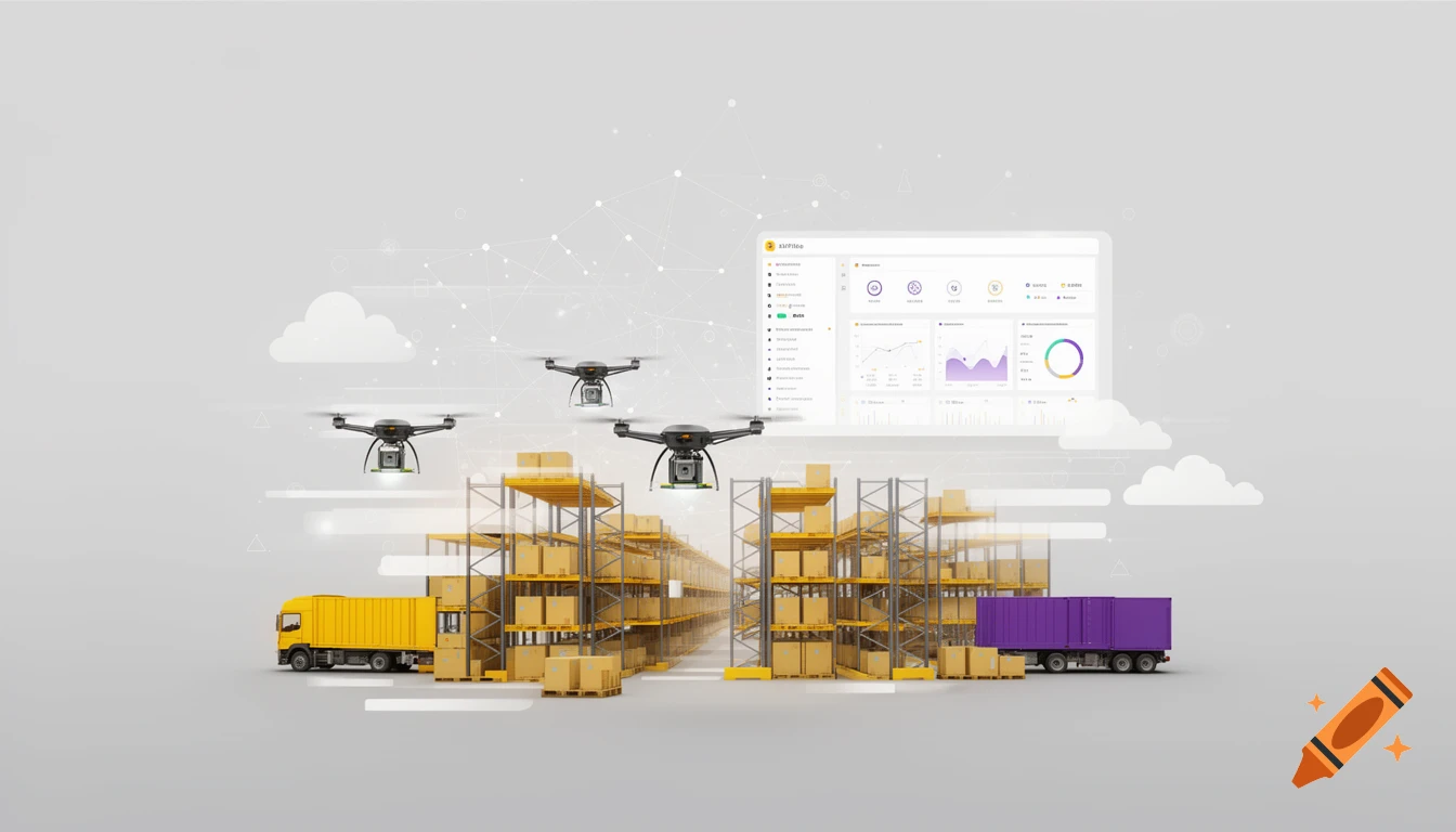 Digital illustration of logistics: drones, trucks, and warehouses, with a dashboard showing data visualizations, symbolizing digital transformation.