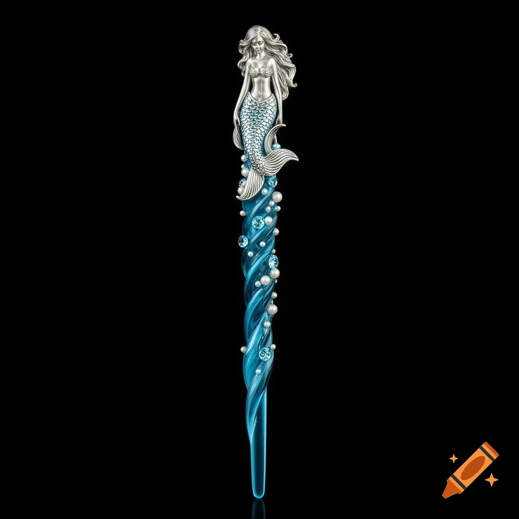 An elegant silver mermaid figure with a shimmering tail sits atop a swirling blue and silver wand adorned with pearls and jewels, on a black background.