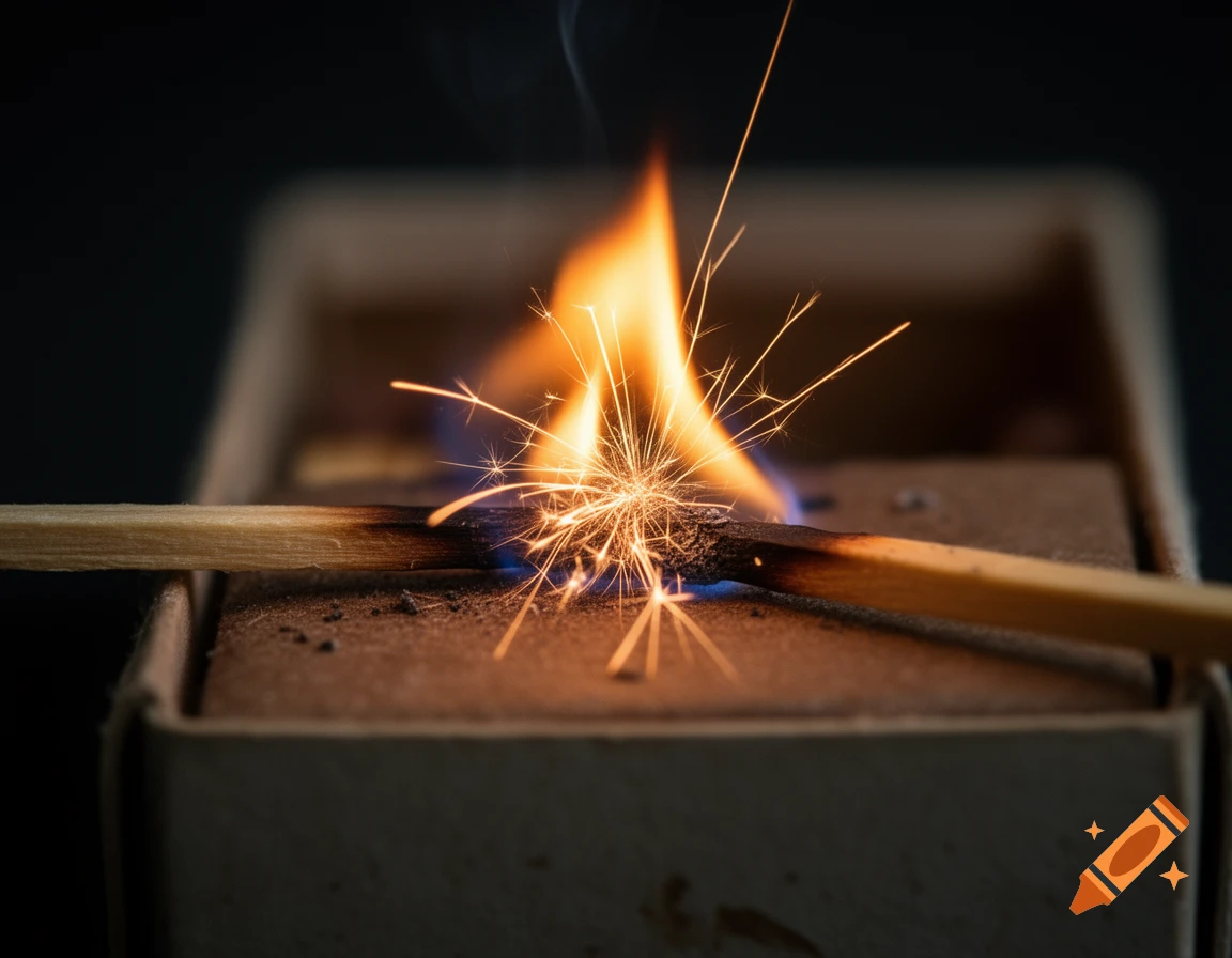 A close-up, dramatic shot of a burning matchstick producing bright sparks and flame against a dark background.