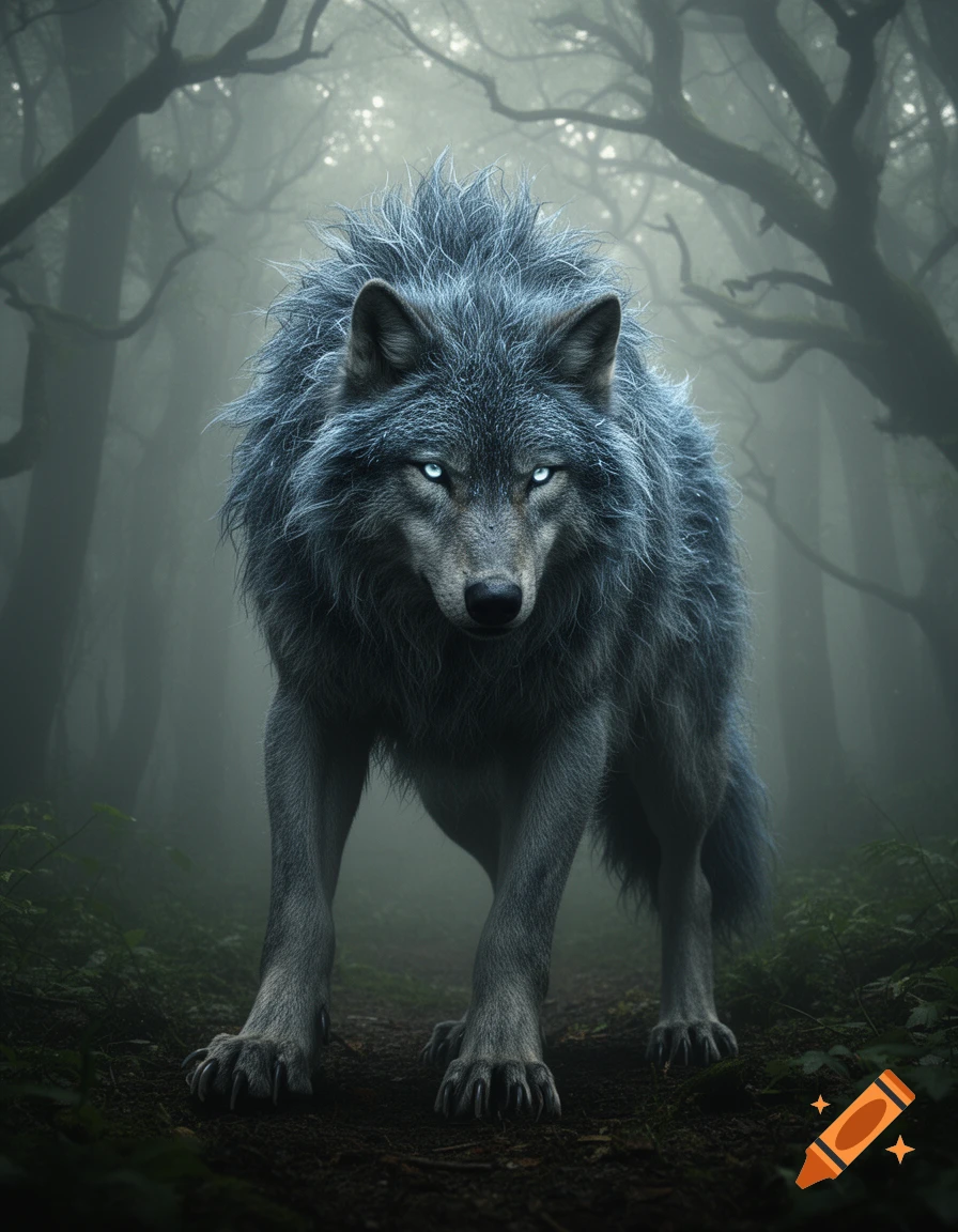 A large, shaggy grey wolf with glowing blue eyes stands on a forest path in a misty, dark woods. Photorealistic.