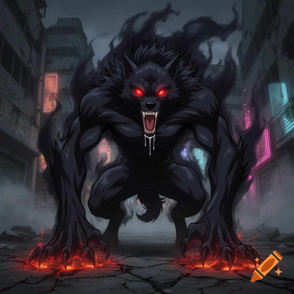 A menacing black werewolf with glowing red eyes and fiery paws stands in a dark, destroyed city with neon signs, in an anime style.