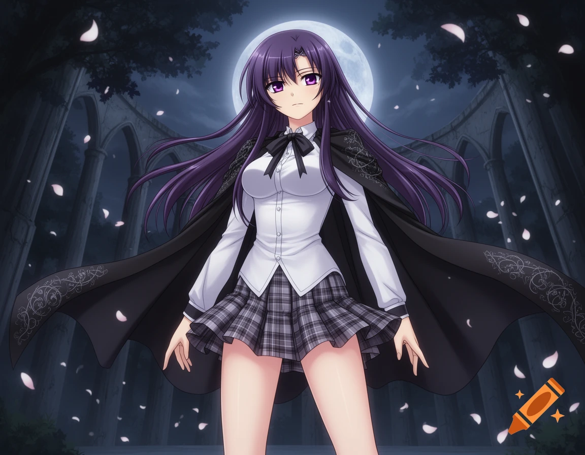 Anime girl with purple hair and eyes, wearing a school uniform and a black cape, standing under a full moon with gothic ruins and falling petals.